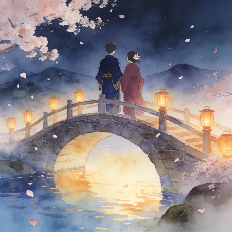 Two figures together on a lantern-lit bridge over calm glowing water