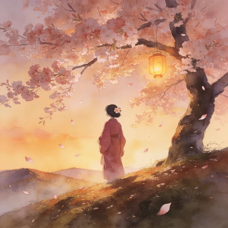 A lone figure beneath a blossoming tree on a warm dusk hillside